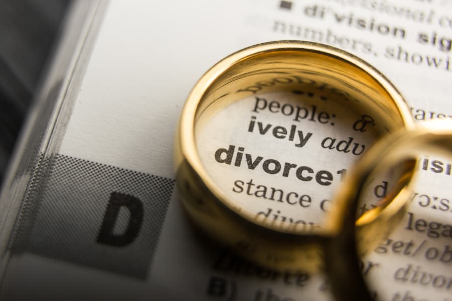 Two gold wedding rings on top of a dictionary page with “divorce” definition on it