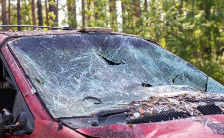 Close-up of a car with a broken windshield after a fatal crash.