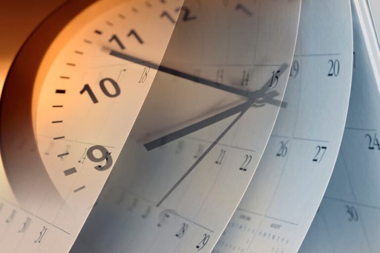 Close-up of a clock and calendar with pages flipping